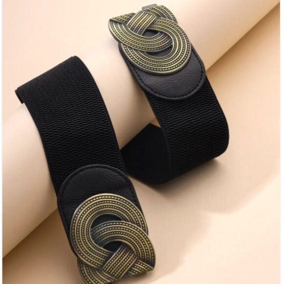 Black Stretch Waist Belt with Ornate Bronze Detail - Picture 5 of 5